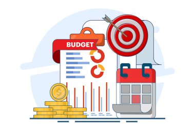 Bütçe hesaplama kavramı, bütçe iş stratejisi, finans ve muhasebe, ekonomi ve yatırım, bütçe hesaplaması, kâr ve zarar, verilerden rapor oluşturulması, düz vektör illüstrasyonu.