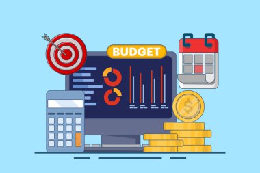 Bütçe hesaplama kavramı, bütçe iş stratejisi, finans ve muhasebe, ekonomi ve yatırım, bütçe hesaplaması, kâr ve zarar, verilerden rapor oluşturulması, düz vektör illüstrasyonu.