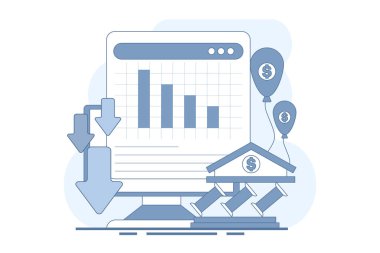 Finansal kriz konsepti. Enflasyon, finansal kayıplar, ekonomik ve yatırım sorunları yaşıyor. Borsa çöküşü, spekülatif finansal balon ve durgunluk. Düz vektör illüstrasyonu.