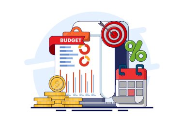 Bütçe hesaplama kavramı, bütçe iş stratejisi, finans ve muhasebe, ekonomi ve yatırım, bütçe hesaplaması, kâr ve zarar, verilerden rapor oluşturulması, düz vektör illüstrasyonu.
