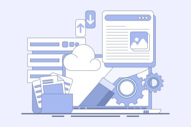 Bulut depolama, bulut teknolojisi. Bulut sunucularındaki veri depolama. Bulut hesaplama konsepti, çevrimiçi veritabanı, web sunucusu, web veri merkezi. Teknoloji bilgi grafikleri. düz vektör illüstrasyonu.