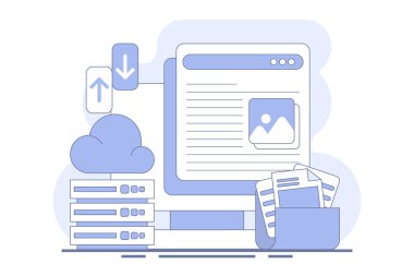 Bulut depolama, bulut teknolojisi. Bulut sunucularındaki veri depolama. Bulut hesaplama konsepti, çevrimiçi veritabanı, web sunucusu, web veri merkezi. Teknoloji bilgi grafikleri. düz vektör illüstrasyonu.