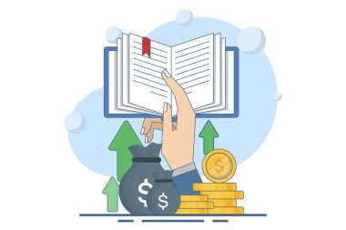 Finansal okur yazarlık konsepti, yatırım eğitimi, finansal güçlenme. Finansal eğitim Bütçe becerileri, yatırım bilgisi metaforu, arka planda düz vektör çizimi.
