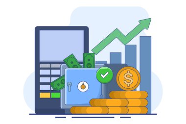 Yatırım konsepti, tasarruf, bütçe yönetimi, mali kazanç, mali yönetim, büyüyen işletme finans grafiği ve para çantası. Yatırım okunu kaldır. Artan gelir grafiği.