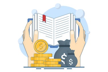 Finansal okur yazarlık konsepti, yatırım eğitimi, finansal güçlenme. Finansal eğitim Bütçe becerileri, yatırım bilgisi metaforu, arka planda düz vektör çizimi.