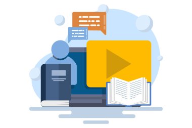 Çevrimiçi kurs kampanyası konsepti, E-öğrenme, çevrimiçi eğitim, çevrimiçi kurs konsepti, ev okulu, dizüstü bilgisayar ekranında öğretmenlik öğrencileri, uzaktan öğrenme, düz vektör çizimi.