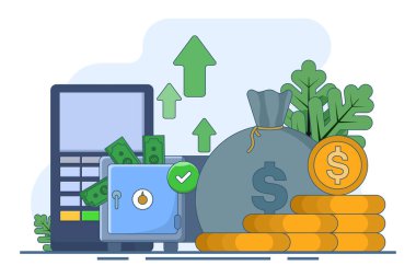 Yatırım konsepti, tasarruf, bütçe yönetimi, mali kazanç, mali yönetim, büyüyen işletme finans grafiği ve para çantası. Yatırım okunu kaldır. Artan gelir grafiği.