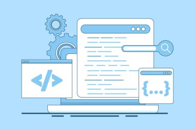 Programlama Kavramı, Yazılım Geliştirme ve Programlama, Dizüstü bilgisayardaki program kodu, büyük veri işleme, bilgisayar, programlama dili. arkaplanda düz vektör illüstrasyonu.