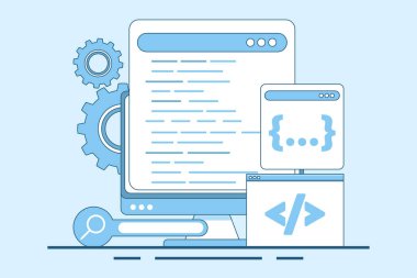 Programlama Kavramı, Yazılım Geliştirme ve Programlama, Dizüstü bilgisayardaki program kodu, büyük veri işleme, bilgisayar, programlama dili. arkaplanda düz vektör illüstrasyonu.