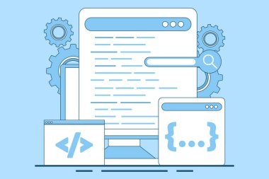 Programlama Kavramı, Yazılım Geliştirme ve Programlama, Dizüstü bilgisayardaki program kodu, büyük veri işleme, bilgisayar, programlama dili. arkaplanda düz vektör illüstrasyonu.