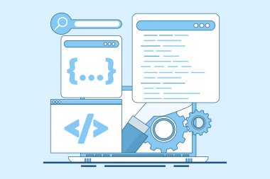 Programlama Kavramı, Yazılım Geliştirme ve Programlama, Dizüstü bilgisayardaki program kodu, büyük veri işleme, bilgisayar, programlama dili. arkaplanda düz vektör illüstrasyonu.