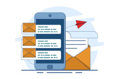 E- posta pazarlama kavramı, çevrimiçi iş stratejisi, reklam, e-posta bülteni, mesajlar, iniş sayfaları için pazarlama materyalleri, web pankartları, sosyal medya, bilgi grafikleri. Düz vektör illüstrasyonu.