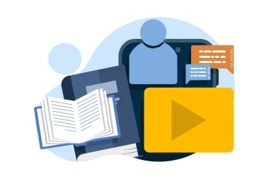 Çevrimiçi kurs kampanyası konsepti, E-öğrenme, çevrimiçi eğitim, çevrimiçi kurs konsepti, ev okulu, dizüstü bilgisayar ekranında öğretmenlik öğrencileri, uzaktan öğrenme, düz vektör çizimi.