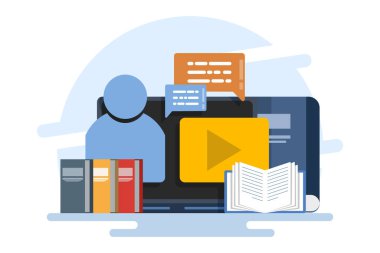 Çevrimiçi kurs kampanyası konsepti, E-öğrenme, çevrimiçi eğitim, çevrimiçi kurs konsepti, ev okulu, dizüstü bilgisayar ekranında öğretmenlik öğrencileri, uzaktan öğrenme, düz vektör çizimi.