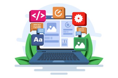 Geliştirici bir web sitesi kurma kavramı Front-end kullanıcı arayüzü, UI UX, Yazılım geliştirme, Web tasarımı, Uygulama tasarımı, Kodlama, Web geliştirme. Arkaplanda düz vektör illüstrasyonu.