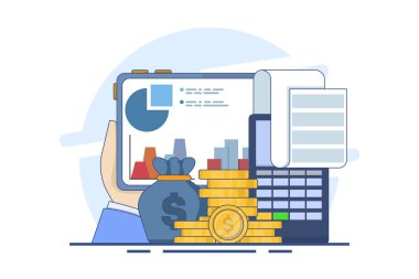 Muhasebe ve finans kavramı. Bütçe geliri. Muhasebe kârı, gelirden giderleri çıkararak hesaplanır. Hesap makineli bir muhasebeci. Arkaplanda düz vektör illüstrasyonu.