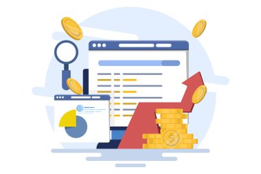 Arama motoru pazarlama, veri pazarlama, ücretli pazarlama kampanyaları, tıklama başına ödeme. SEO optimizasyonu, Dijital pazarlama ve sosyal medya ağlarında ücretli promosyon, Vektör illüstrasyonu.