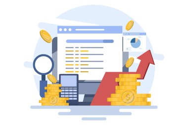 Arama motoru pazarlama, veri pazarlama, ücretli pazarlama kampanyaları, tıklama başına ödeme. SEO optimizasyonu, Dijital pazarlama ve sosyal medya ağlarında ücretli promosyon, Vektör illüstrasyonu.