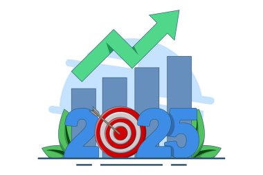 2025 yılı iş beklentisi konsepti, gelecekteki tahmin veya plan, gelecekteki başarı vizyonu, yeni yıl hedefi veya başarısı, şirket hedefi veya beklentisi. Beyaz arkaplanda düz vektör illüstrasyonu.