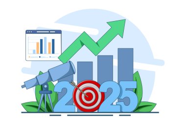 2025 yılı iş beklentisi konsepti, gelecekteki tahmin veya plan, gelecekteki başarı vizyonu, yeni yıl hedefi veya başarısı, şirket hedefi veya beklentisi. Beyaz arkaplanda düz vektör illüstrasyonu.