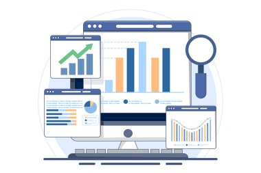 Analiz ve izleme konsepti, iş mali planlaması için web raporlama paneli ve veri analizi araştırmaları. Arkaplanda düz vektör illüstrasyon tasarımı.