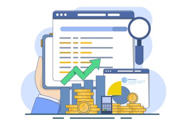 Arama motoru pazarlama, veri pazarlama, ücretli pazarlama kampanyaları, tıklama başına ödeme. SEO optimizasyonu, Dijital pazarlama ve sosyal medya ağlarında ücretli promosyon, Vektör illüstrasyonu.