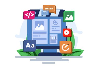 Bilgisayar programlama kavramı, Java, HTML sembolleri, web tasarımı, yazılım, uygulama tasarımı, programlama dili, geliştirme, web sitesi. Arkaplanda düz vektör illüstrasyonu.