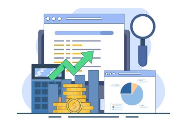 Arama motoru pazarlama, veri pazarlama, ücretli pazarlama kampanyaları, tıklama başına ödeme. SEO optimizasyonu, Dijital pazarlama ve sosyal medya ağlarında ücretli promosyon, Vektör illüstrasyonu.