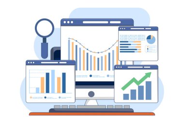 Analiz ve izleme konsepti, iş mali planlaması için web raporlama paneli ve veri analizi araştırmaları. Arkaplanda düz vektör illüstrasyon tasarımı.