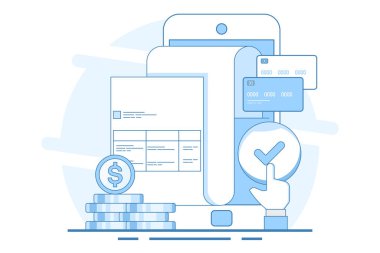 Dijital ödeme sistemi konsepti, çevrimiçi ödeme, çevrimiçi fatura, akıllı telefon ve banka başvurusuyla online ödeme. Çevrimiçi ödemeler akıllı telefon, para transferi başvurusu ve ödeme. Vektör.