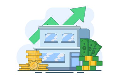 Real estate concept and stack of coins. saving money for a house, property financing concept, investing money. Investment in construction. Payment concept for construction. Web Vector Illustration.