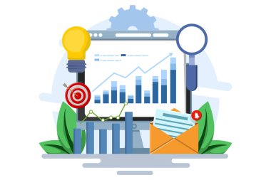 İş performans veri analizi konsepti, arama motoru optimizasyonu, piyasa araştırma grafiği, veri analizi, finans raporu, iş stratejisi, finans tahminleri. düz vektör illüstrasyonu.