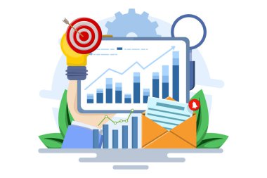 İş performans veri analizi konsepti, arama motoru optimizasyonu, piyasa araştırma grafiği, veri analizi, finans raporu, iş stratejisi, finans tahminleri. düz vektör illüstrasyonu.