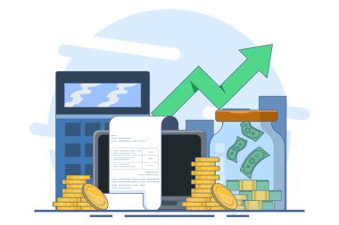 Tasarruf hesabı, domuz kumbarası, altın paralı para beyni. Banka hesabı ve nakit için vektör işi kavramı. Düz çizgi vektör çizimi arkaplanda izole edildi,