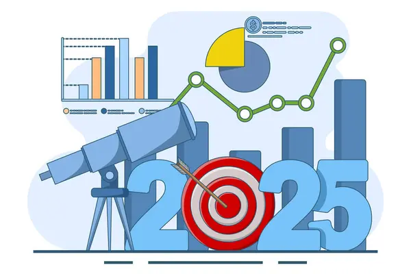 2025 yılı iş beklentisi konsepti, gelecekteki tahmin veya plan, gelecekteki başarı vizyonu, yeni yıl hedefi veya başarısı, şirket hedefi veya beklentisi. Beyaz arkaplanda düz vektör illüstrasyonu.