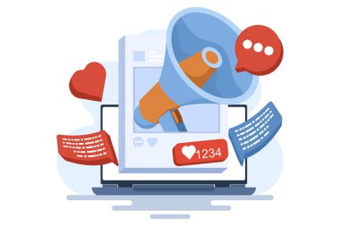 Dijital pazarlama konsepti. Dijital pazarlama kompozisyonunu duyurmak için megafon hoparlörü. Emoji 'nin ses simgesi aşk kalbi, yani, yorumunu paylaş. Hoparlör uyarı simgesi vektör illüstrasyonu.