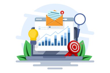 İş performans veri analizi konsepti, arama motoru optimizasyonu, piyasa araştırma grafiği, veri analizi, finans raporu, iş stratejisi, finans tahminleri. düz vektör illüstrasyonu.