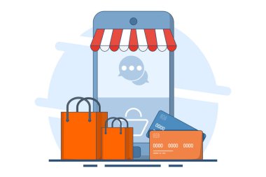 DM ya da Doğrudan İş Mesajı Kavramı. Çevrimiçi Alışveriş ve Dijital Pazarlama Sosyal Satışı. Sosyal ağlar ve doğrudan mesaj yazma düşünceleri. Arkaplanda düz vektör çizimi.