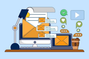 E- posta pazarlama stratejisi kavramı, e-posta kampanyası, potansiyel müşterilere e-posta gönderme, Newsletter pazarlaması, sosyal medyada reklam mesajları paylaşma, İnternet ağı iletişimi.