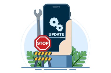 Sistem bakım konsepti, hata, düzeltme problemleri, aygıt güncellemesi, yazılım güncellemesi, sistem güncellemesi, işletim sistemi güncellemesi. arkaplanda düz vektör illüstrasyonu.