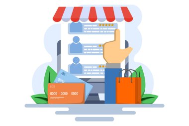 Çevrimiçi müşteri değerlendirme konsepti, müşteri değerlendirmesi web sitesi, çevrimiçi mağaza, dijital mağaza, e-ticaret reklamcılığı, çevrimiçi alışveriş sektörü, müşteri değerlendirme ve değerlendirmeler, düz vektör çizimi.