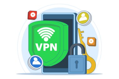 Sanal özel ağ konsepti, güvenli ağ trafiği, güvenli yönlendirici erişimi, internetteki güvenlik, şifreli veri transferi, uzaktan sunucu, VPN erişimi, dijital kişisel veri koruması. vektör.