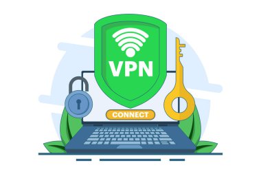 Sanal özel ağ konsepti, güvenli ağ trafiği, güvenli yönlendirici erişimi, internetteki güvenlik, şifreli veri transferi, uzaktan sunucu, VPN erişimi, dijital kişisel veri koruması. vektör.