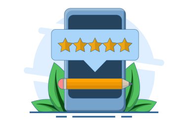 Çevrimiçi geri bildirim konsepti. Ürün hakkında bir yorum yaz. Anket formu. Beş yıldızlı müşteri değerlendirmeleri ve konuşma baloncuğu mesajı olan bir kalem. Anketli bir forum. En iyi not. Düz vektör illüstrasyonu.