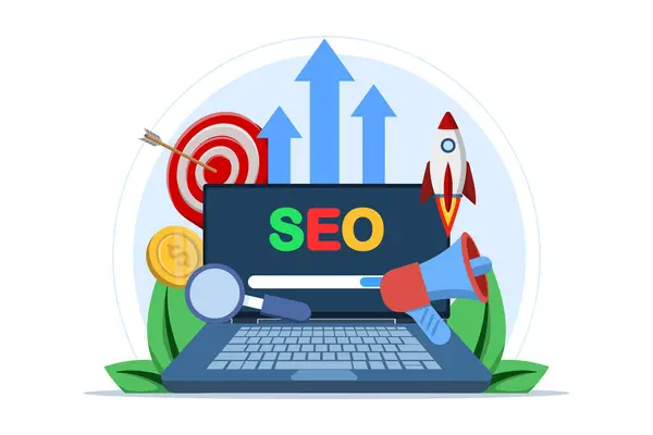 Arama motoru optimizasyonu, SEO büyümesi, arama motoru optimizasyonu, analitik. Reklam kampanyası performansı, hedef kitle verileri, sorgulama izleme. Dijital pazarlama. Vektör illüstrasyonu.