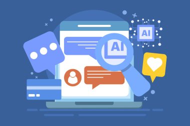 Müşteri desteği için yapay zeka sohbet robotu konsepti, çevrimiçi müşteri yardım masası, AI müşteri sorunlarını çözer, müşteriler için yapay zeka temelli çözümler, simgeli arka plan vektör ilülasyonu.