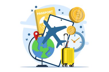 Uçakla seyahat konsepti, yaz tatili konseptiyle bir gezi planlamak. Pasaportlu ve seyahat çantalı bir iş gezisi. Online biletler, seyahat rezervasyonu ve hizmetleri.