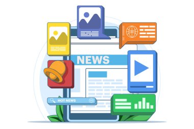 Çevrimiçi haber uygulaması kavramı, Online haber makalesi, News web sayfası, Çevrimiçi kitle iletişim araçları, internet bülteni. İnternetten haberleri okuyorum. Web sitesinden son dakika haberleri okuyoruz. Düz vektör illüstrasyonu.