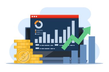 Finansal konsept büyüme tablosu, altın sikkeli tablet, yatırım, servetin artması veya gelirin artması, iş kârının artması, üstel oklu mali rapor tablosu. izole arkaplan.