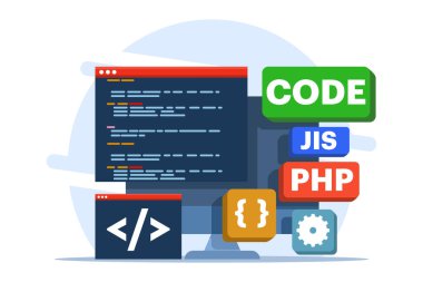 Web geliştirme konsepti, web tasarımı, bilgisayar programlama, mobil uygulama tasarımı, kodlama, yazılım, programlama dilleri, web sitesi. arkaplanda düz vektör illüstrasyonu.